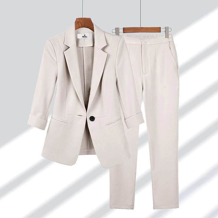 Women's slim two-piece business blazer with roll-up 3/4 sleeves and high-cut tapered pants Mune Fashion