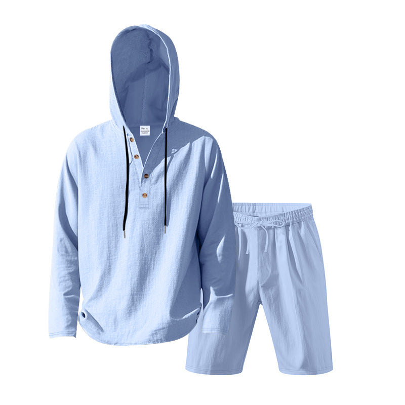 Men's Hoodie Henley Loungewear Set with Linen Look, Drawstring and Elastic Tunnel Shorts Mune Fashion