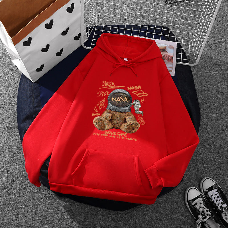 Women casual hoodie with astronaut teddy print, kangaroo pocket and soft fleece lining Mune Fashion