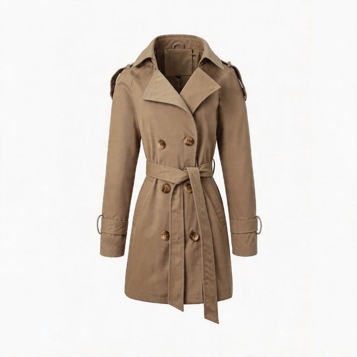 Women Tailored Trench Coat with Tied Belt, Shoulder Tabs and Metal Ring Details Mune Fashion