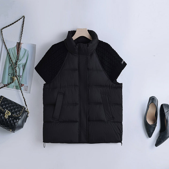 Women's short padded quilted vest with short-sleeved cable knit shoulder section and high-closing stand-up collar Mune Fashion
