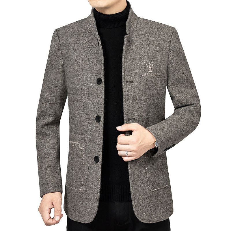 Men's Short Blazer in Suit Style with Stand Collar and Textured Wool Blend Mune Fashion
