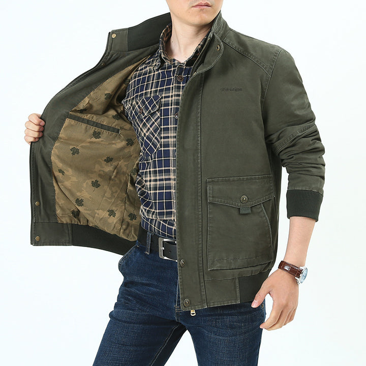 Men's Canvas Field Jacket in Bomber Style with Ribbed Cuffs, Flap Pockets, and Printed Inner Lining Mune Fashion