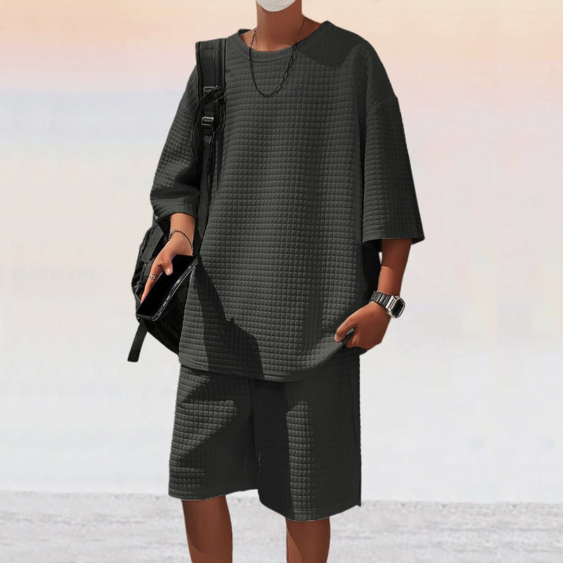 Men's square structure leisure set with oversized round neck shirt and knee-length relax shorts Mune Fashion