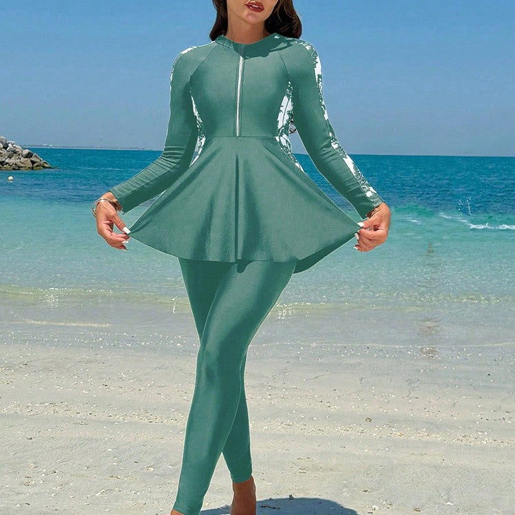 Women's Sporty Long-Sleeved Swimsuit with Skirt Mune Fashion