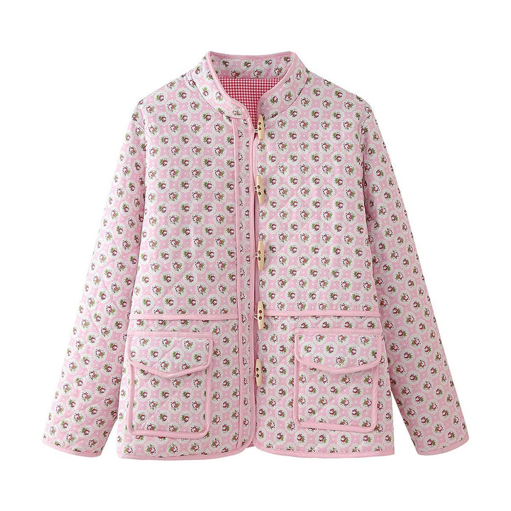 Women's quilted short jacket with stand-up collar, decorative button strip and applied flap pockets Mune Fashion