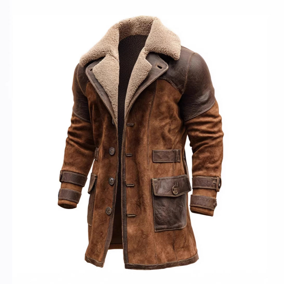 Men's Long Shearling Coat made of Suede with Leather Trim Mune Fashion
