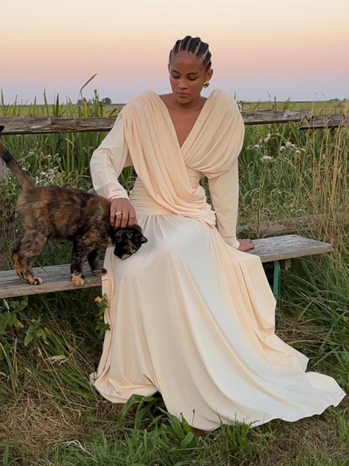 Women's Elegant Wrap Maxi Dress with Deep V-Neckline and Draping Mune Fashion