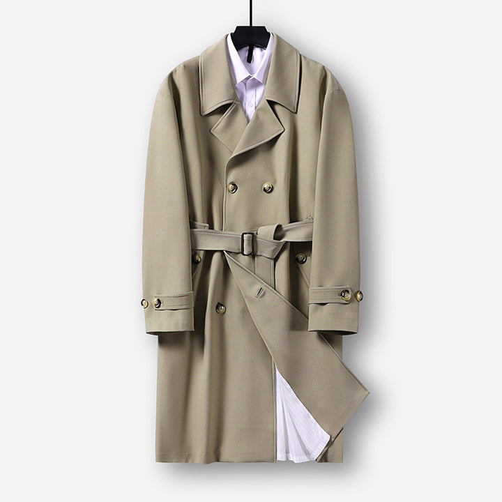 Men's Modern Knee-Length Double-Breasted Trench Coat with Waist Belt Mune Fashion