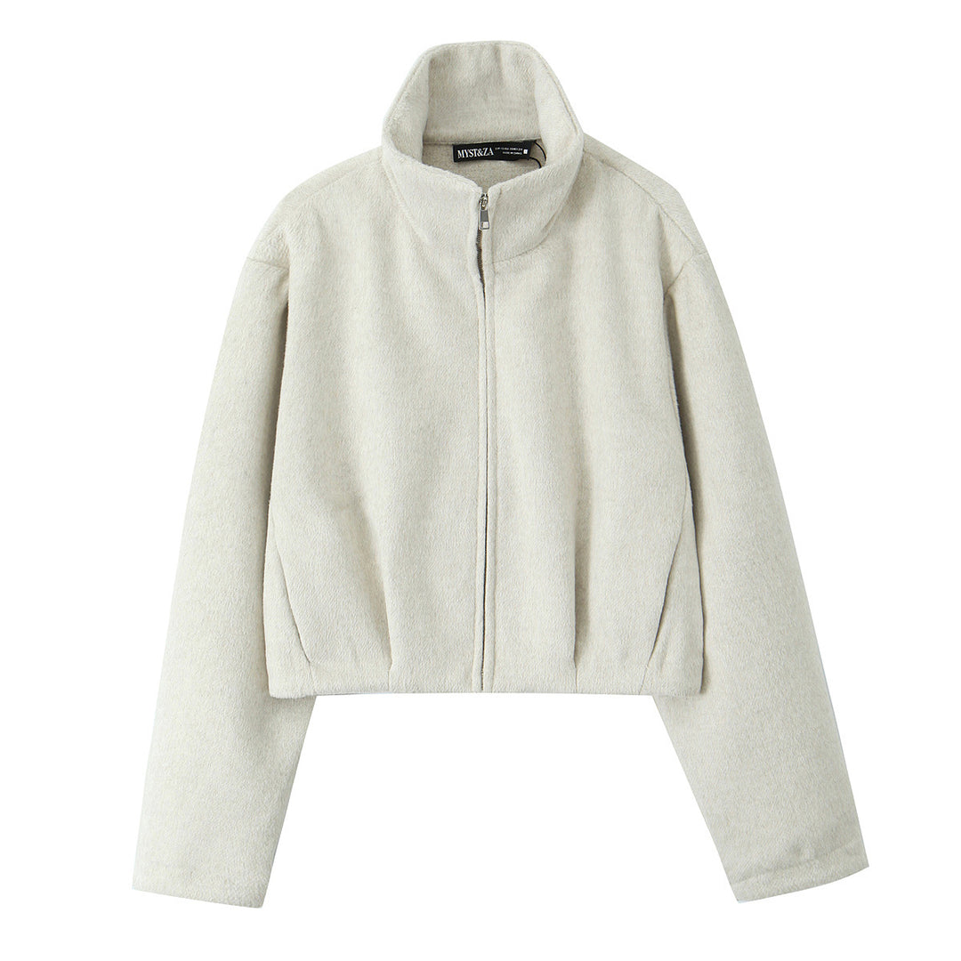 Women Boxy Fleece Jacket with Stand-up Collar and Concealed Zipper Mune Fashion