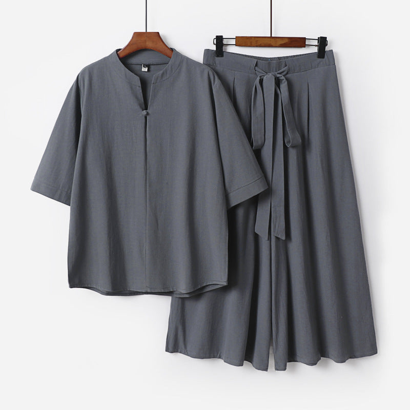 Women's Casual Linen-Viscose Lounge Set with Stand Collar Top and Wide Palazzo Pants Mune Fashion