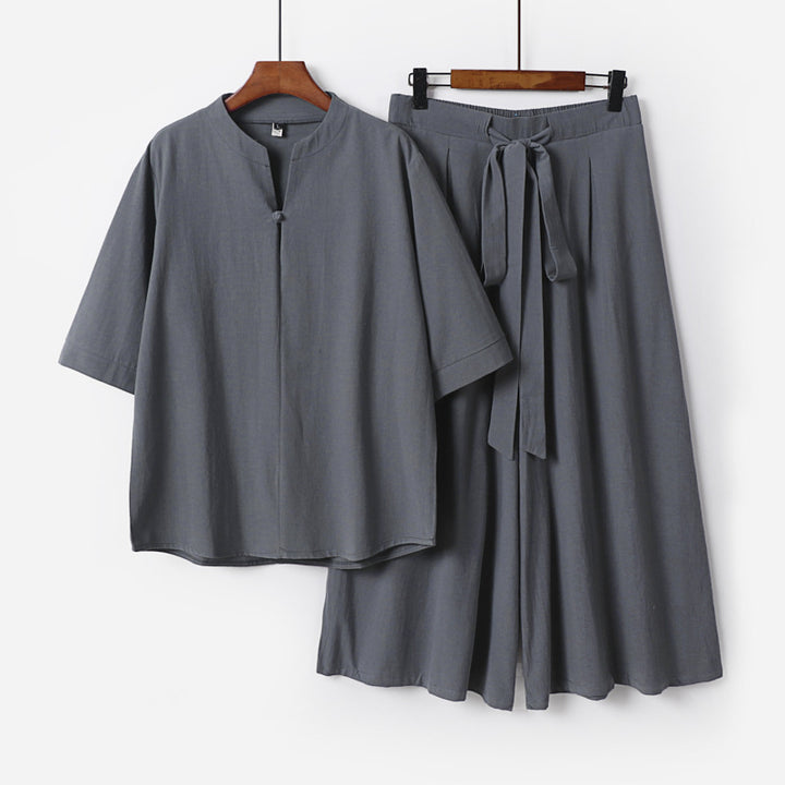 Women's Casual Linen-Viscose Lounge Set with Stand Collar Top and Wide Palazzo Pants Mune Fashion