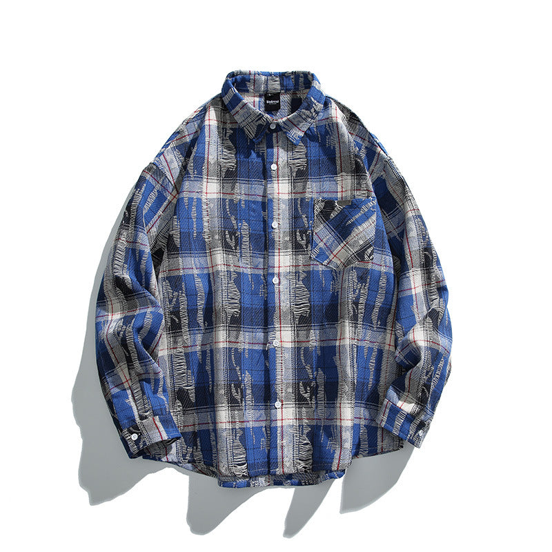 Unisex Oversized Checked Flannel Shirt with Destroyed Details and Chest Pocket Mune Fashion