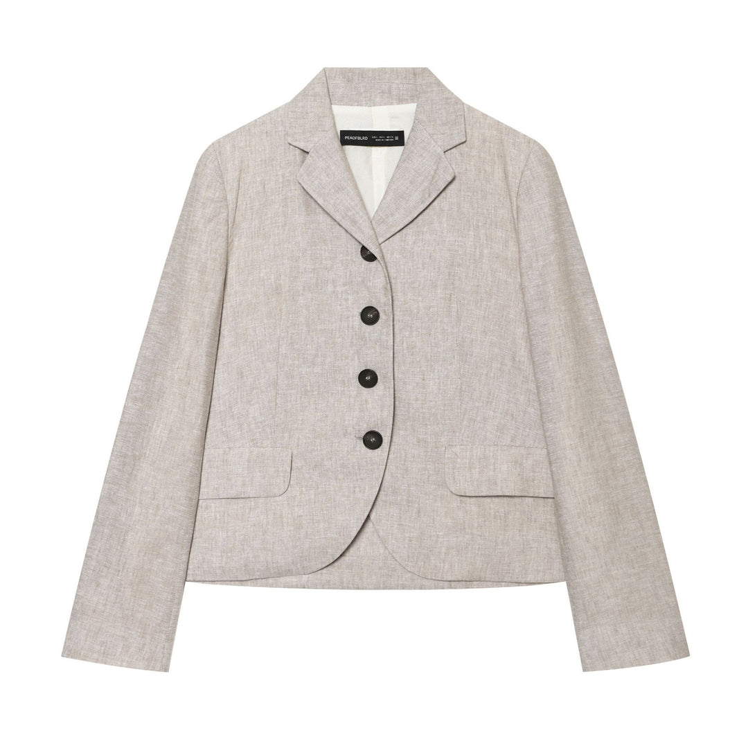 Women's cropped linen blazer with falling lapel multiple button placket and patch pockets Mune Fashion