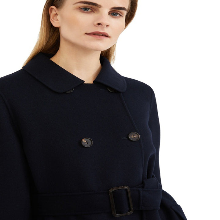 Women's long coat in a minimalist coat dress look with concealed double row and fabric belt Mune Fashion