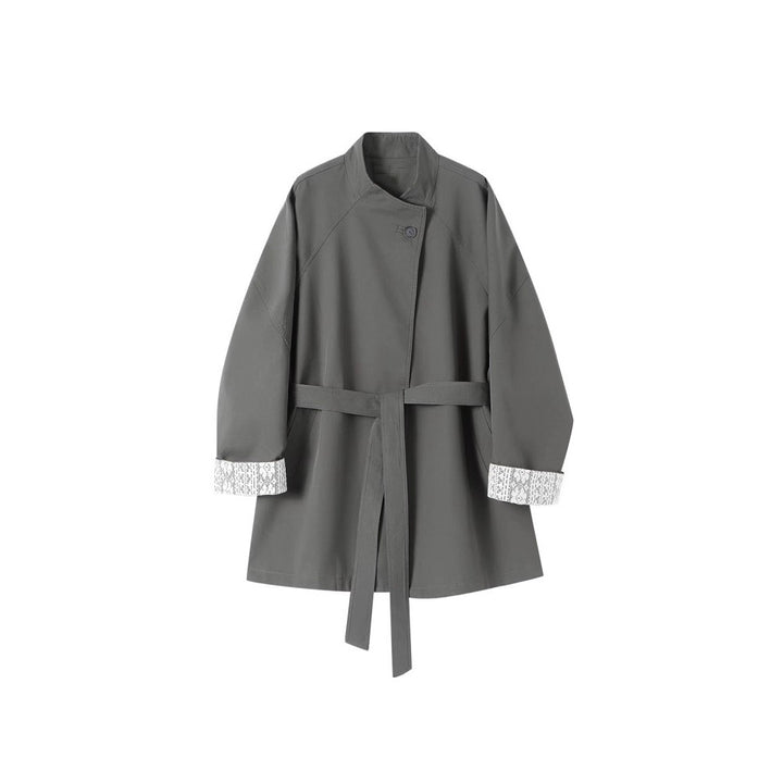 Women Elegant Trench Coat with Waist Belt and Contrast Sleeves Mune Fashion