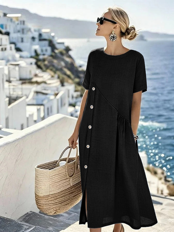 Women's Airy Summer Dress with Side Button Placket, Short Sleeves and Slit Mune Fashion