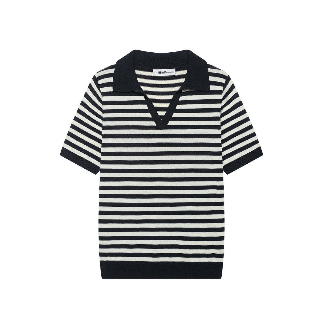Women's Striped Polo Shirt-Knit with V-Neck, Short Sleeve and Ribbed Collar Mune Fashion