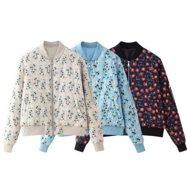 Ladies quilted floral bomber jacket with ribbed cuffs and zipper Mune Fashion