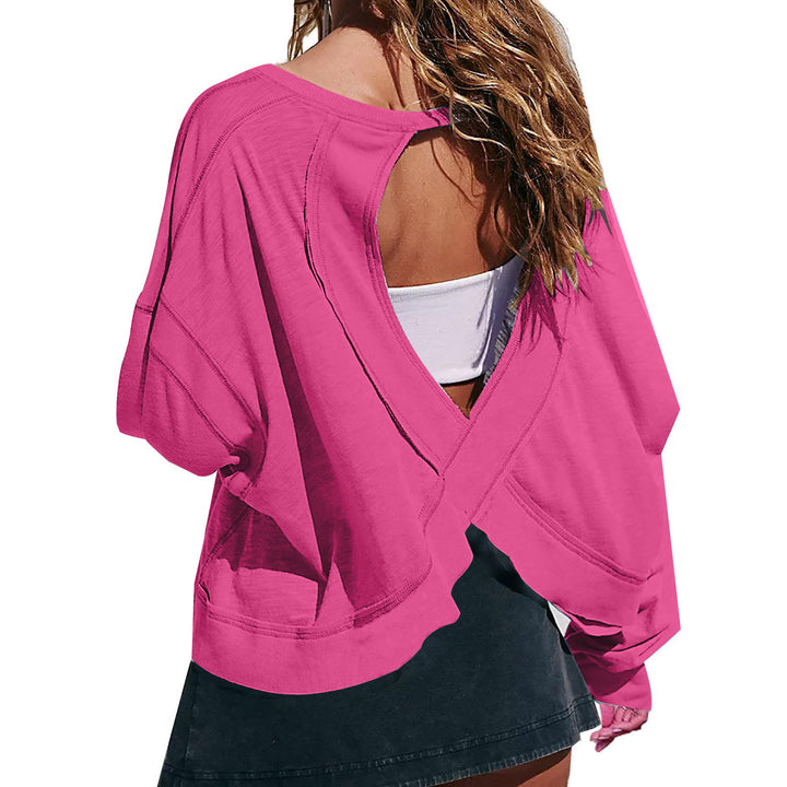 Women's cropped sweatshirt with crossover cut-out back and raw hem edges Mune Fashion