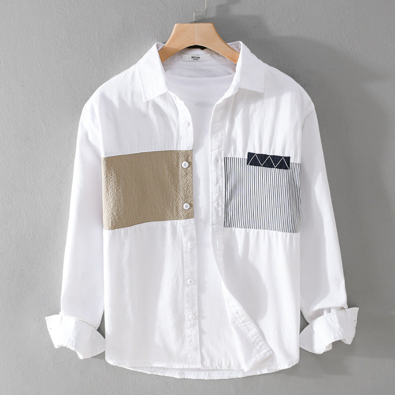 Men's Long-Sleeve Cotton Shirt with Contrasting Patch Details and Chest Pocket Mune Fashion