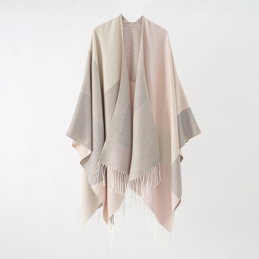 Women's Large Wool Look Poncho with Geometric Block Pattern and Fringe Hem Mune Fashion