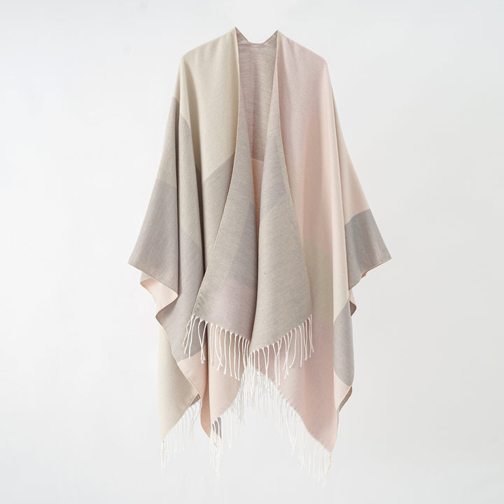 Women's Large Wool Look Poncho with Geometric Block Pattern and Fringe Hem Mune Fashion