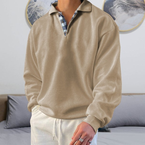 Men's casual long sleeve polo with open V-neck, shirt collar, and check inside placket Mune Fashion