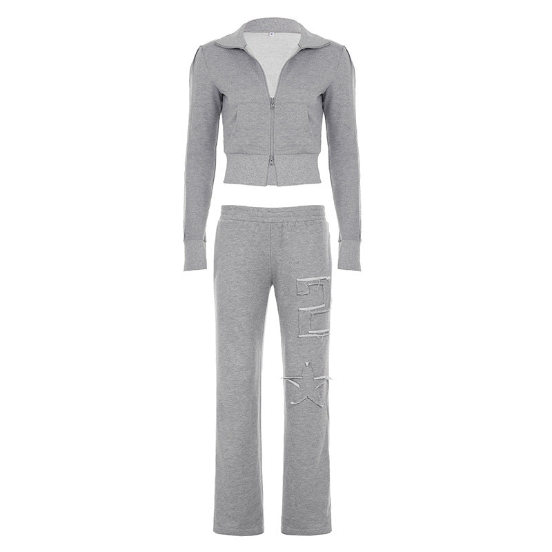 Women's tailored cropped hoodie with full zip, elastic hem, and decorative college print Mune Fashion