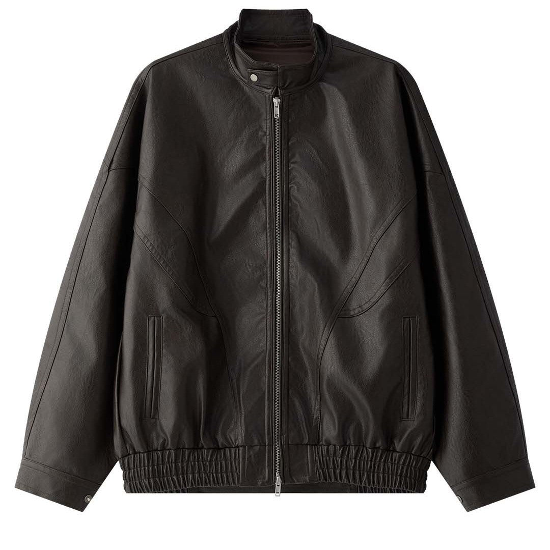 Women's Oversized Leather Bomber Jacket with Stand-up Collar, Concealed Zipper and Gathered Hem Mune Fashion
