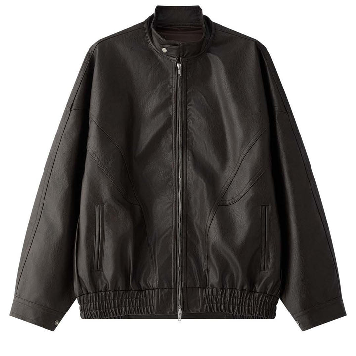 Women's Oversized Leather Bomber Jacket with Stand-up Collar, Concealed Zipper and Gathered Hem Mune Fashion