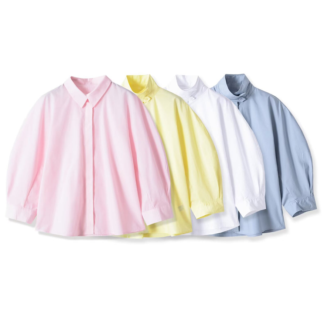 Women's Oversize Blouse with Stand Collar and Hidden Button Placket Mune Fashion