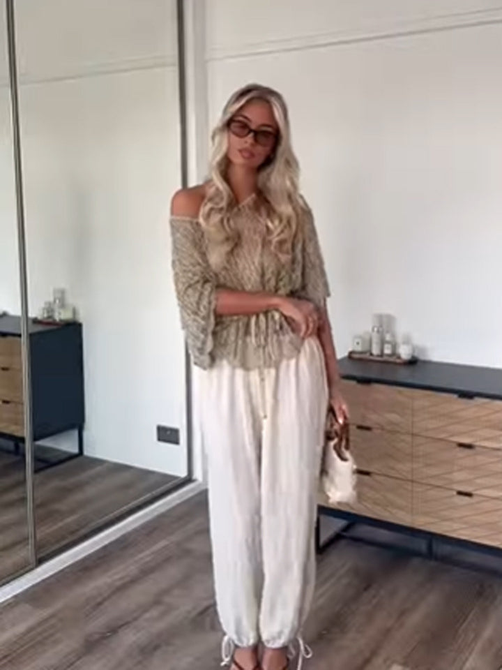 Women's Off-Shoulder Crochet Knit Blouse with Drawstring and Volume Sleeves Mune Fashion