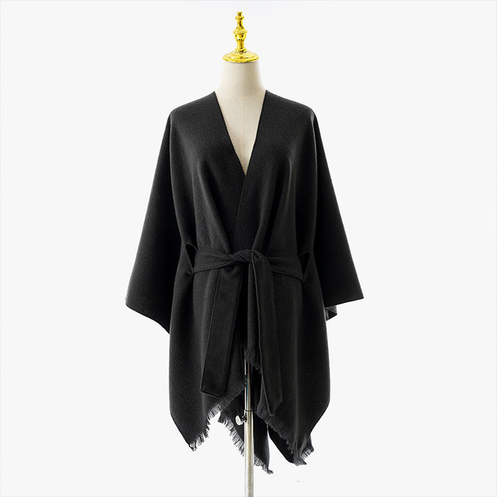 Women's Wrap Poncho with Tie Belt, V-Neck and Fringed Hem Mune Fashion