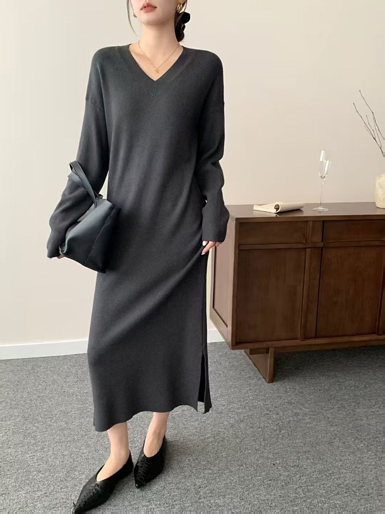 Women Long Fine Knit Midi Dress with V-Neck, Side Slit, and Relaxed Silhouette Mune Fashion