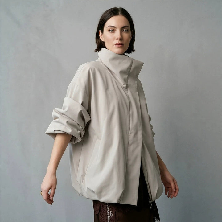 Women's boxy short quilted jacket with high asymmetric stand-up collar Mune Fashion