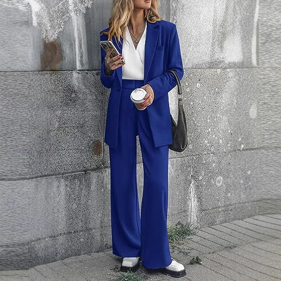 Women Long Blazer Set with boxy oversized silhouette, structured shoulder area and high-waisted palazzo pants Mune Fashion