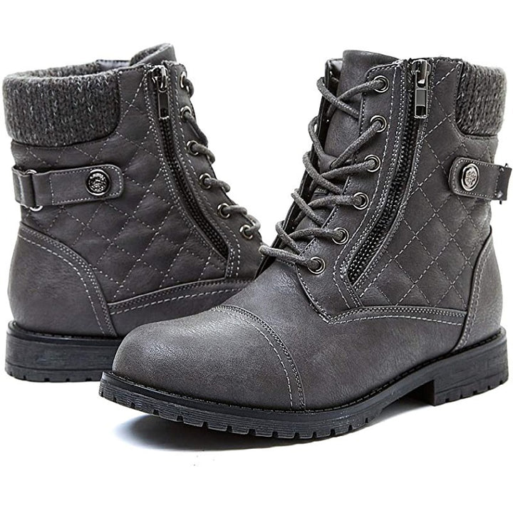 Ladies nan quilted lace-up biker boots with side zipper, padded shaft and sturdy tread sole Mune Fashion