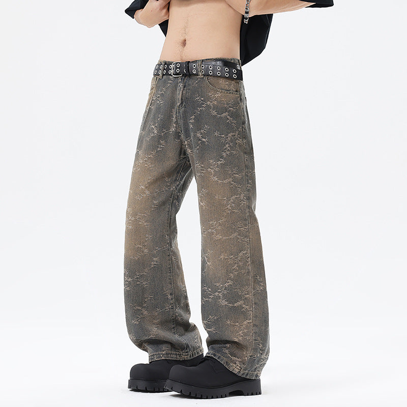 Men's Wide Cut Vintage Denim Pants in Baggy Look with Marble Wash and Low Crotch Mune Fashion