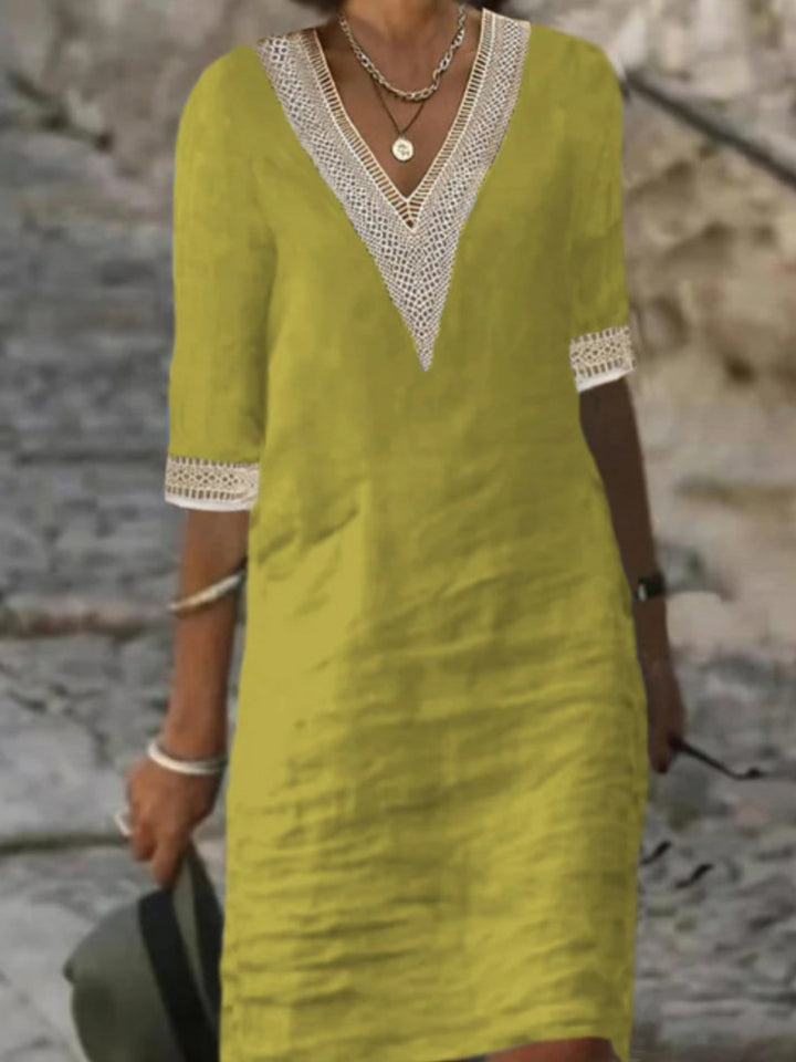 Ladies Linen Look Midi Dress with Crocheted V-Neck and 3/4 Sleeves Mune Fashion