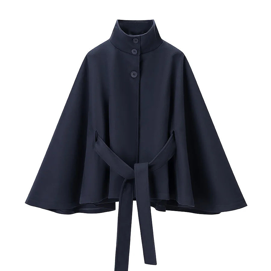 Women's tailored cape with stand collar, button closure and tie belt Mune Fashion
