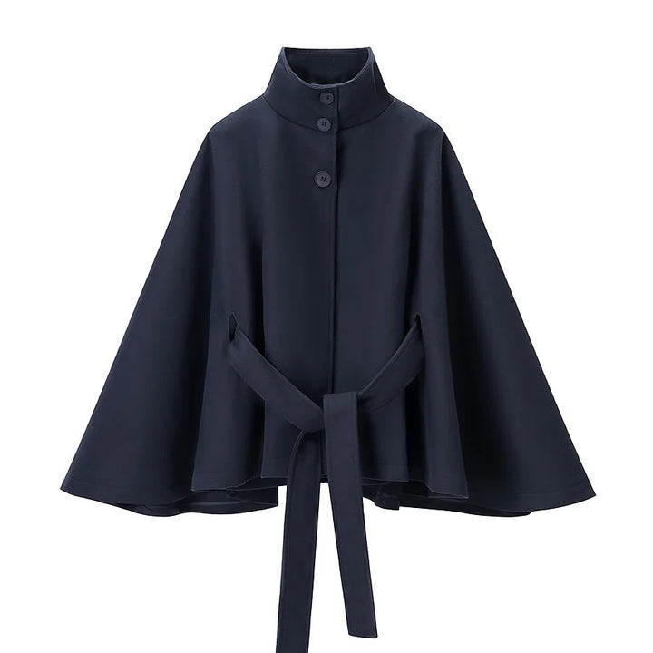 Women's tailored cape with stand collar, button closure and tie belt Mune Fashion