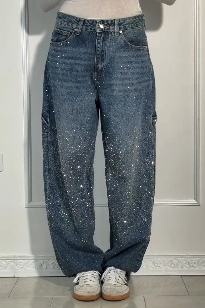 Women's High-Waist Jeans in loose Cargo cut with sparkling rhinestone trim Mune Fashion