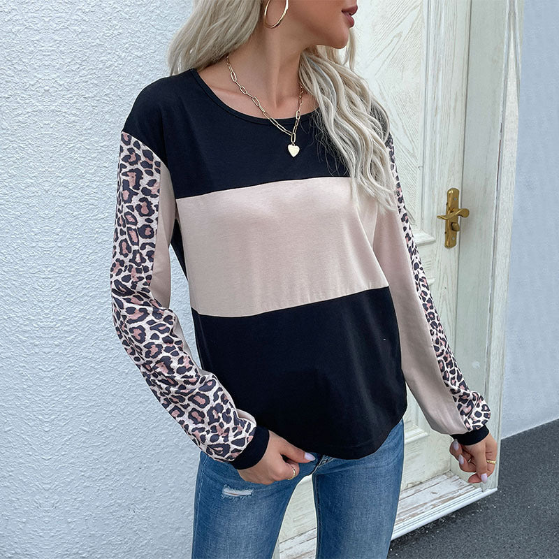 Women's Colorblock Sweatshirt with Leopard Sleeves and Round Neckline Mune Fashion