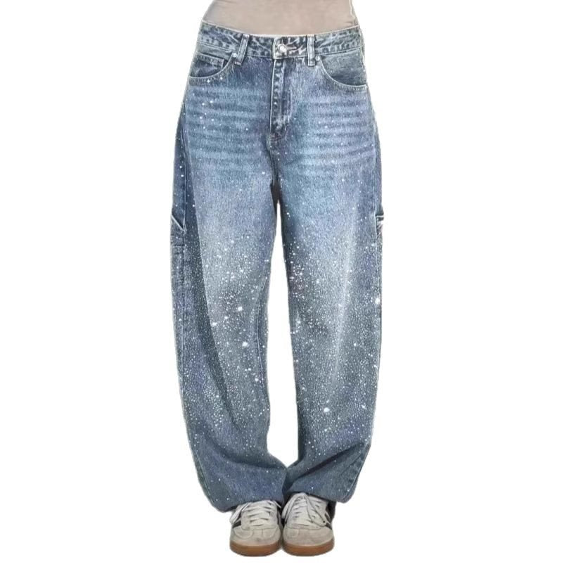 Women's High-Waist Jeans in loose Cargo cut with sparkling rhinestone trim Mune Fashion