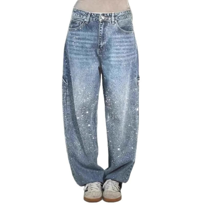 Women's High-Waist Jeans in loose Cargo cut with sparkling rhinestone trim Mune Fashion