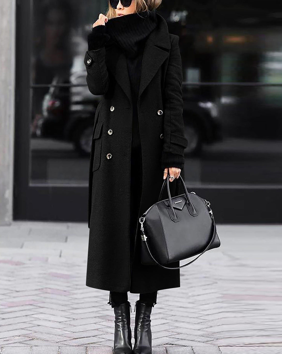 Women Long Double-Breasted Wool Blend Coat with Distinctive Lapels and Flap Pockets Mune Fashion