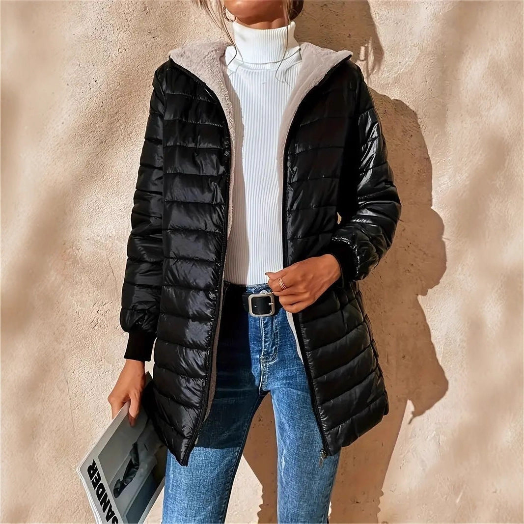 Women Long Padded Coat with Teddy Lining and Hood Mune Fashion