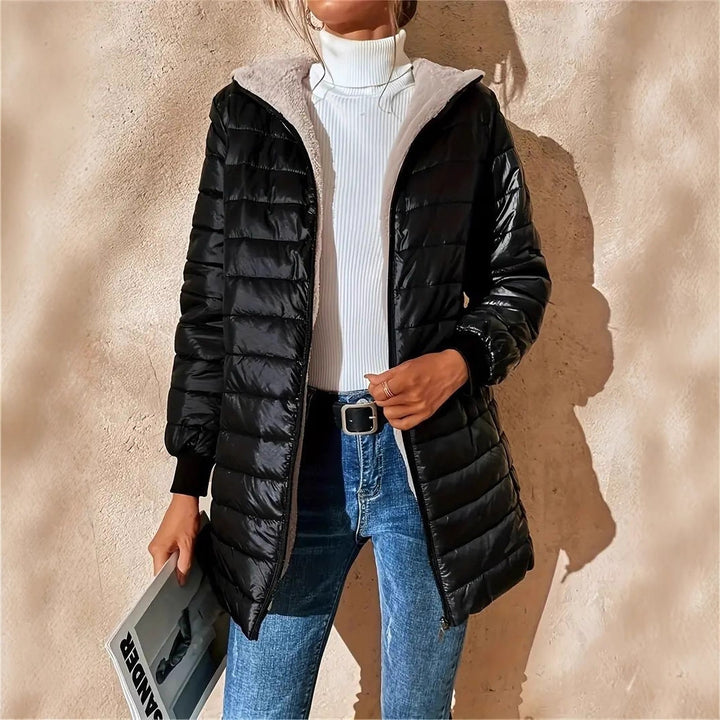 Women Long Padded Coat with Teddy Lining and Hood Mune Fashion