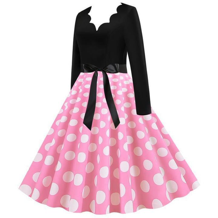Women's Retro Swing Dress with Long Sleeves, Fitted Bodice, Polka Dot Skirt and Bow Belt Mune Fashion